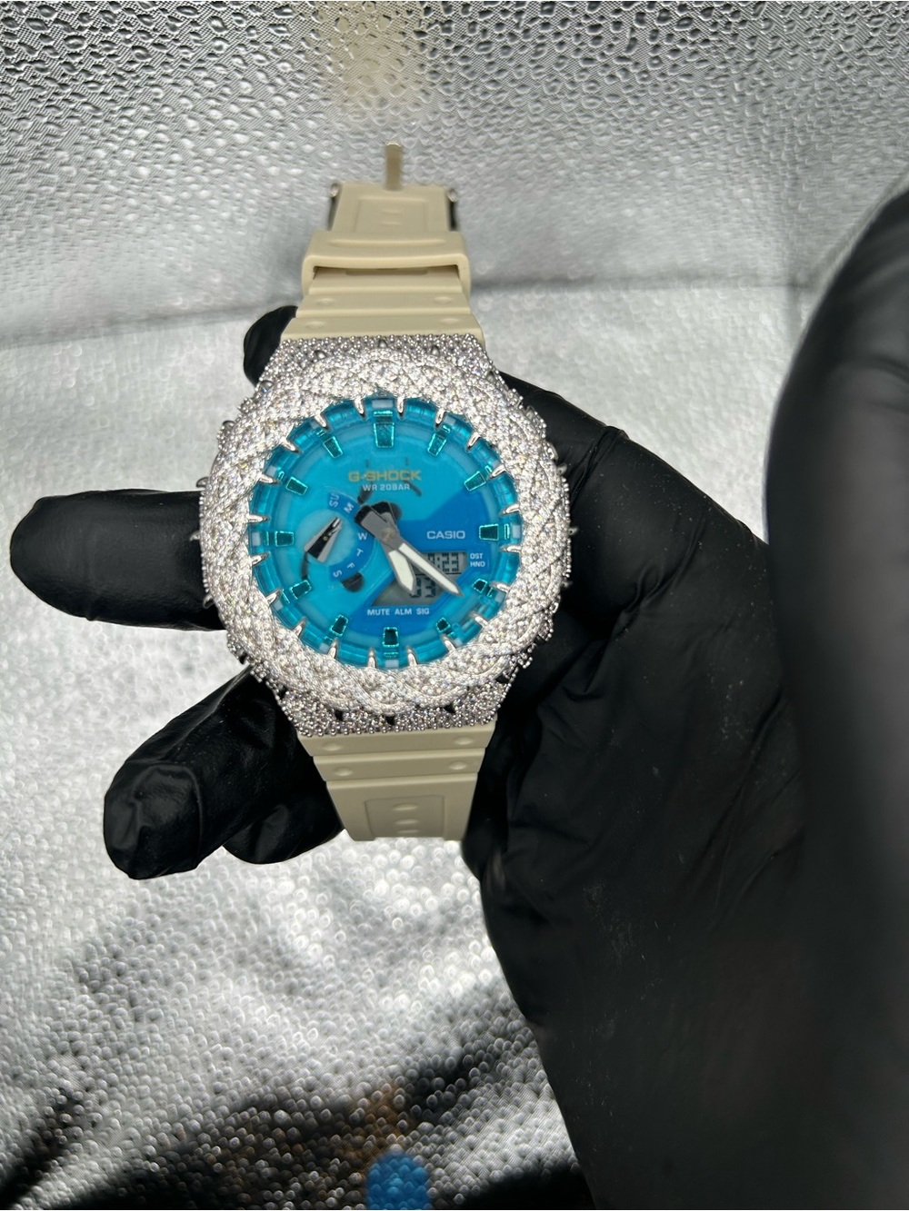 G-Shock Blue Dial Beige Strap Watch with Crystal Bezel